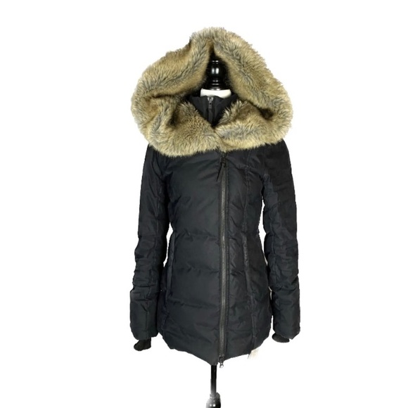 Aritzia Babaton Black Goose Down Faux Fur Hood Winter Parka Jacket - Picture 2 of 16